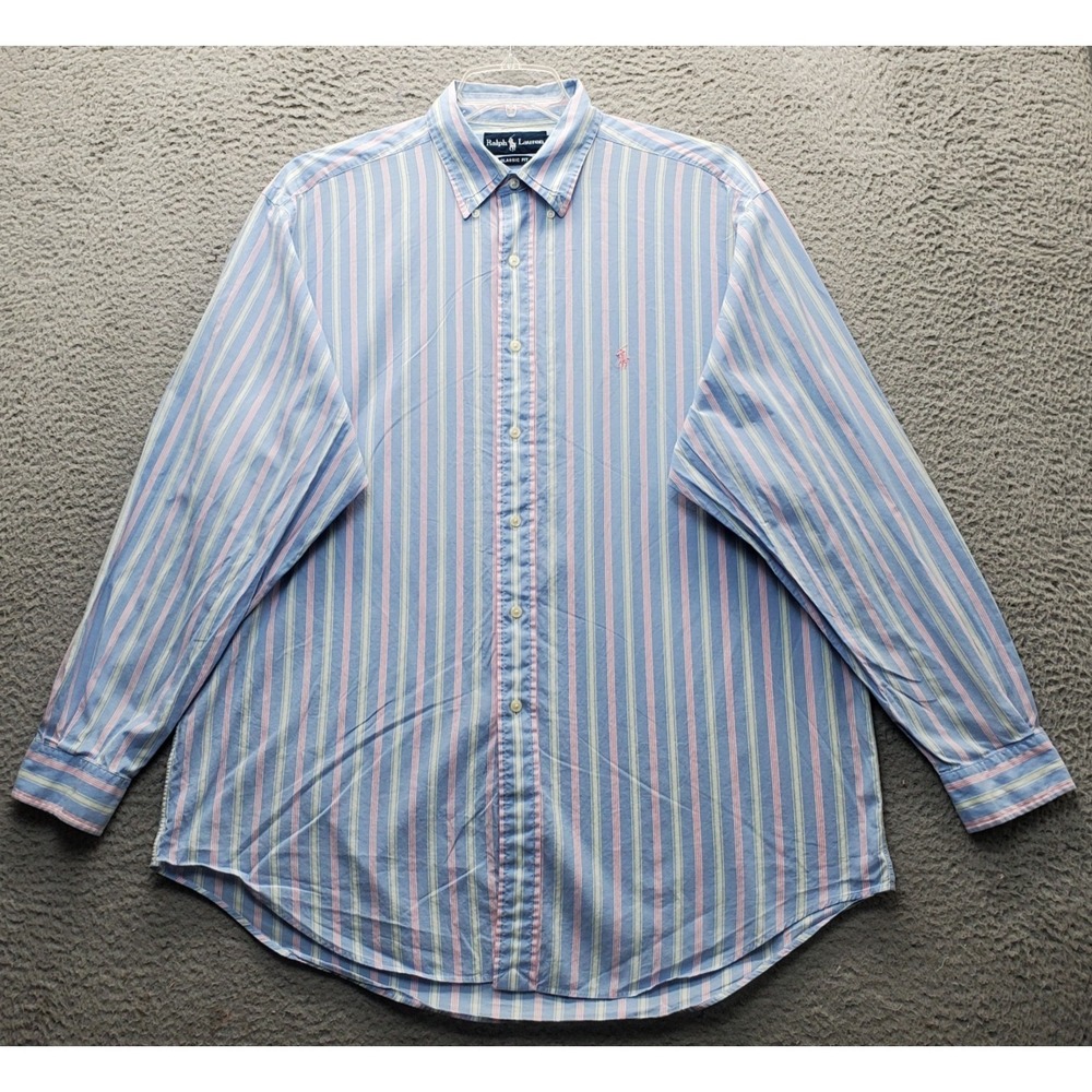 Vintage Ralph Lauren Dress Shirt Mens 16.5 Easter Pastel Striped Classic Fit‎